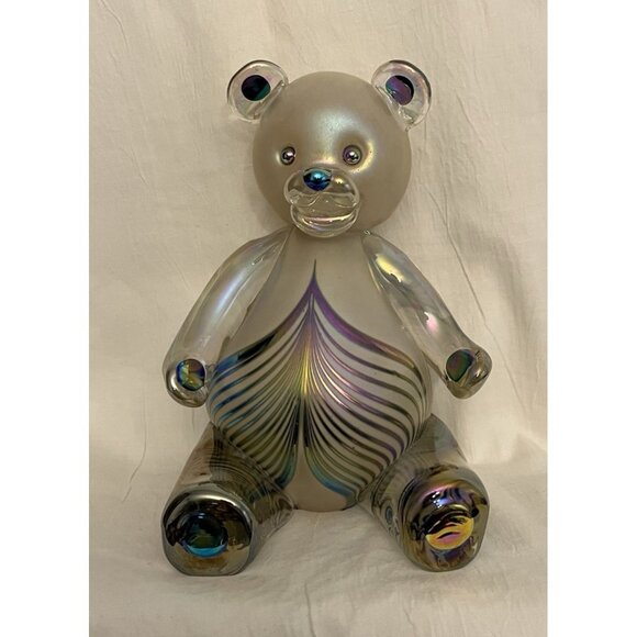 1996 Stuart Abelman Iridescent Pulled Feather Art Glass Frosted Body Teddy Bear - Picture 2 of 16